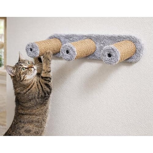 Wall-Mounted Cat Scratching Post, Sisal Rope with Plush Mice Toys, Grey and Natural, Interactive Play (24X6 INCH) (FURR-157) (Grey)