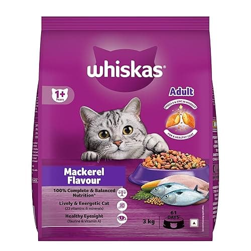 Whiskas Adult (1+ Years) Dry Cat Food, Mackerel Flavour, 3 kg, Contains 41 Essential Nutrients, Complete & Balanced Nutrition for Adult Cats