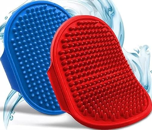 Wike Pet Massage Rubber Bath Glove for Dogs, Cats, Rabbit, & Hamster | Grooming Shampoo Washing Soothing Bristles Hand Brush Comb - 2pcs Combo Pack (Color May Vary)
