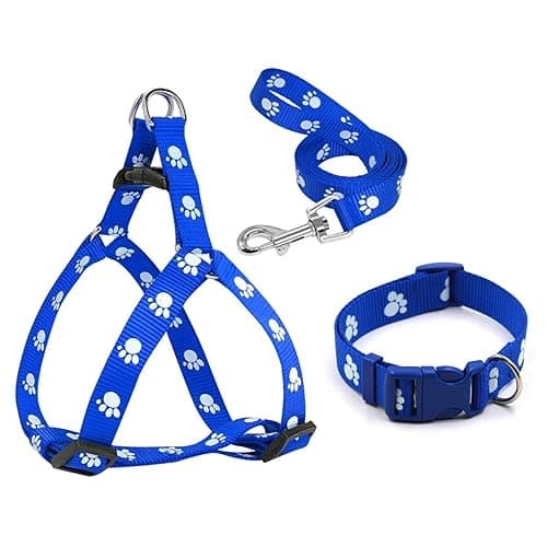 15 mm Paw Print Nylon Puppy Collar Harness & Leash Set for Small & Medium Dogs (Color May Vary) - Pack of (Collar + Harness + Leash)