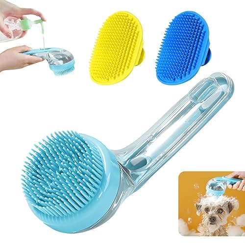 3Pcs Dog Bath Brush, Dog Scrubber for Bath, Dog Shampoo Brush Bubble Maker, Dog Paw Washer, Dog Grooming Massage Brush with Adjustable Ring Handle, Dog Accessories for Short & Long Hair -Blue
