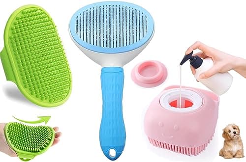 3Pcs Pet Grooming Set Self Cleaning Slicker Brush Pets Long Short Hair Brushes Removes Massage Rubber Bath Shampoo Washing Brush Hand Comb Daily Use Easy To Remove Hair For Dog & Cat