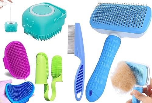 5Pcs Pet Grooming Set Self Cleaning Slicker Brush Pets Long Short Hair Brushes Removes Massage Rubber Bath Shampoo Washing Brush Hand Comb Steel Comb & Finger Toothbrush Daily Use Easy to Remove Loose Undercoat Hair For Dog and Cat