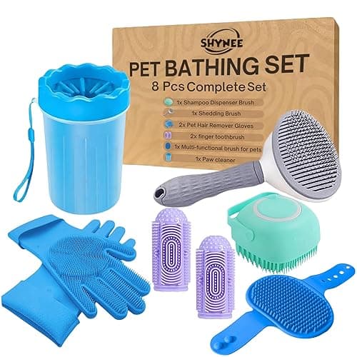 8PCs Dog Grooming Kit - Dog Shampoo Brush | Washing Gloves | Adjustable Dog Bath Brush | Dog Paw Cleaner | 2X 360 Toothbrush | Scrubber with Handle for Bath & Massage - A Complete Pet Grooming Kit