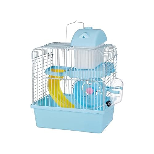 Amazon Basics Hamster, Gerbil, Guinea Pig Cage and Playhouse | Blue | Spacious Plastic Cage for Small Pets | 2 Level | Double Story with Slide, Exercise Wheel and Feeding Bottle | LxWxH-27x 17x 31 Cm