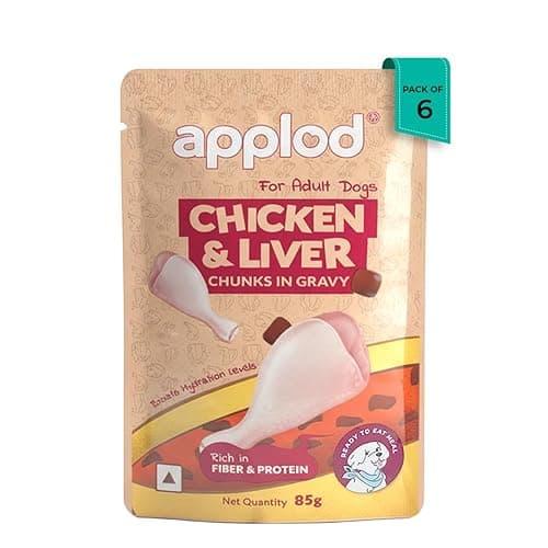 Applod Chicken & Liver Chunks in Gravy Adult Wet Dog Food – High Protein, Hydrating & Easy-to-Digest Meal for Strong Muscles & Vitality, 85g Pouch Pack of 6