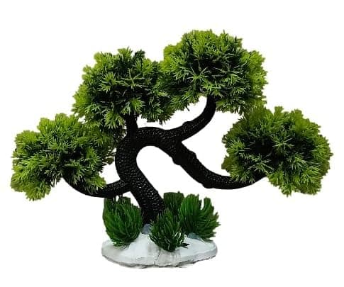 Artificial Bonsai Tree Aquarium Decoration, Green, 17.78x22.86x7.62cm, Safe for Fish, Decorative Plant Ornament with Base