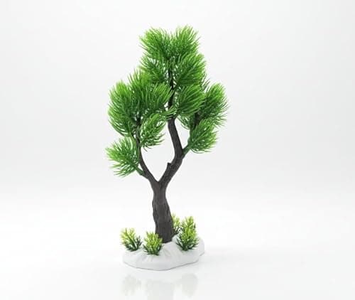 Artificial Bonsai Tree Aquarium Plant Decoration with Base, Green, 21.59x15.24x6.35cm, Fish Safe Ornament