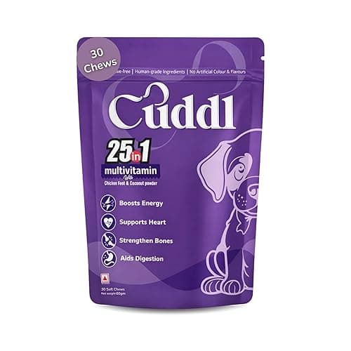 Cuddl 25-in-1 Dog Supplement | Multivitamin Chews for Joints, Bones, Gut, Skin, Immunity | Vitamins, Minerals, Calcium, Biotin, Choline | No Fillers or Preservatives | All Ages