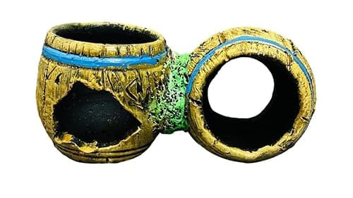 Dholak Aquarium Ornament, Ancient Golden Double Barrel Design, Blue and Green Accents, 20.32cm x 8.89cm Fish Tank Hideout Decoration
