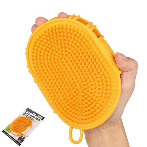 Dog Grooming Shampoo Brush, Pet Soothing Massage Rubber Bristles Curry Comb, Bath Gloves for Dogs and Cats Washing, Double-Sided Available, Yellow