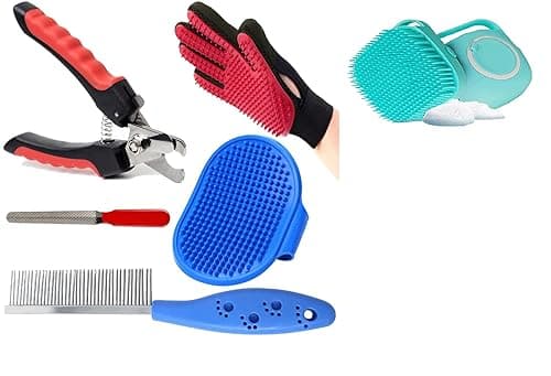 Dog Trust Combo of Grooming kit for Nail Cutter+Gloves+Shampoo Brush+Brush+Comb for Dog Dog Pack of 5