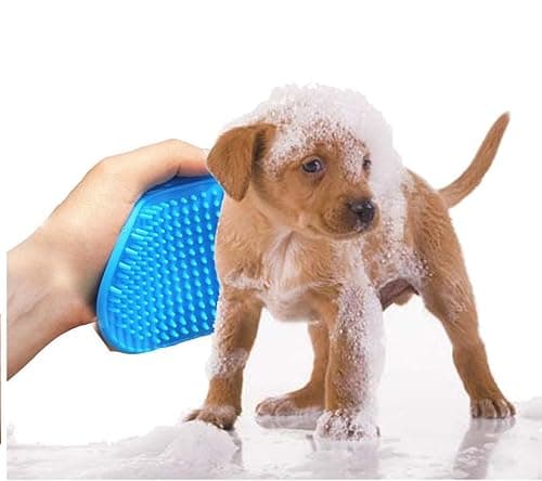 Dog Washing, Massaging & Grooming Brush, Pet Shampoo Bath Brush Soothing Massage Rubber Comb with Adjustable Ring Handle