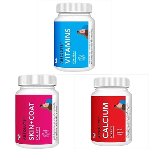 Drools Absolute Vitamin Tablet- Dog Supplement, 110 Pcs & Drools Absolute Skin + Coat Tablet- Dog Supplement, 50 Pcs & Drools Absolute Calcium Tablet- Dog Supplement, 110 Pieces