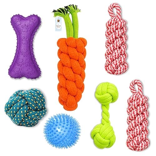 Foodie Puppies 7-in-1 Combo of Cotton Ropes and Squeaky Dog Chew Toys - (Carrot, Cotton Ball, 2Pcs Cornstick, Dumbbell, Durian Ball & Prickle Bone) | Teething & Training Toy for Small Dogs and Puppies