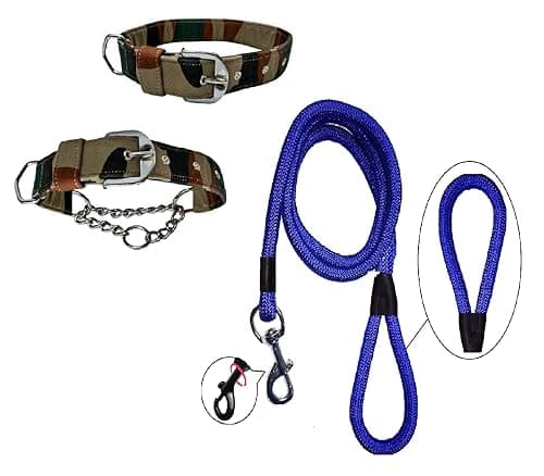 Hachiko:-(Combo of 3) Amazing Quality Nylon Padded Adjustable Dog Choke Collar+Collar+Rope(Large,Army-Blue)