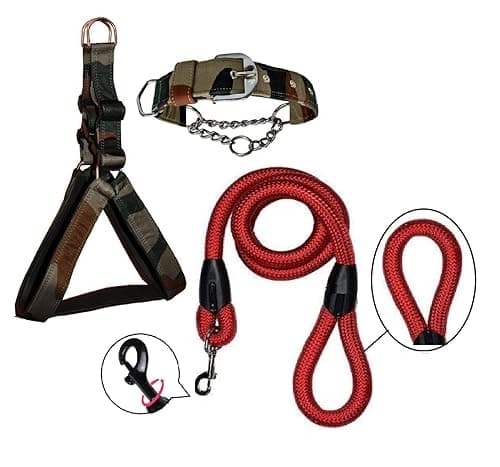 Hachiko:-(Combo of 3) Amazing Quality Nylon Padded Adjustable Dog Harness+Choke Collar+Rope(Medium,Army-Red)