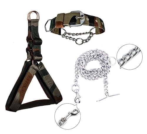 Hachiko:-(Combo of 3) Imported Nylon Padded Adjustable Dog Harness+Choke Collar+Chain(Large,Army)