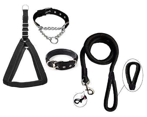 Hachiko:-(Combo of 4) Amazing Quality Nylon Padded Adjustable Dog Harness+Choke Collar+Collar+Rope(Large,Black)