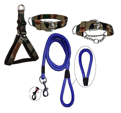 Hachiko:-(Combo of 4) Nylon Padded Adjustable Dog Harness+Choke Collar+Collar+Rope(Medium,Army-Blue)