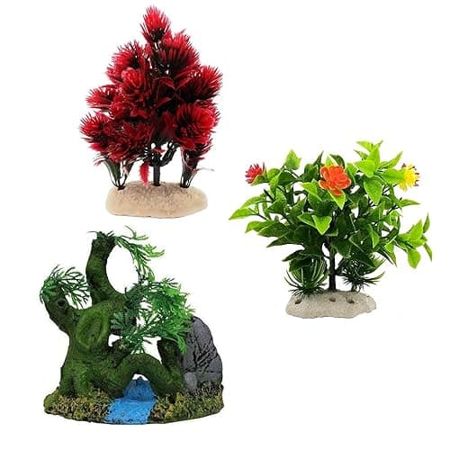 JAINSONS PET PRODUCTS Aquarium Decoration Set – Artificial Plants and Resin Tree Ornaments with Base for Fish Tank – Safe, Colorful Decor for Betta, Goldfish & Tropical Aquariums