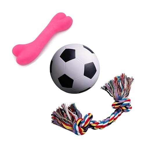 JAINSONS PET PRODUCTS Dog Chew Toy Combo Pack of 3 – Rubber Bone 4.5 inch, Cotton Rope 25 cm, Football 2.56 inch for Puppies and Small Dogs