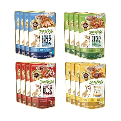 JerHigh Dog Wet Food Combo Pack, Chicken, Liver, Vegetable, Grilled, Roasted Duck in Gravy, Assorted (4pc Each x 120 g) (Pack of16)