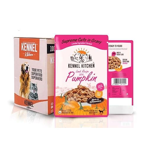 Kennel Kitchen Supreme Cuts in Gravy, Lamb Recipe with Pumpkin, 100g/130g (Pack of 12) | Wet Dog Food Gravy for Adult & Puppy | Limited Ingredient Chunks High in Fibre & Good for Hydration