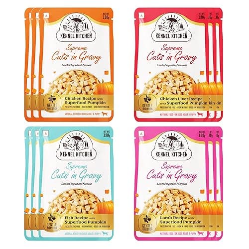 Kennel Kitchen Supreme Cuts in Gravy Variety Pack, 130g (Pack of 12) | Chicken, Chicken Liver, Lamb and Fish Recipe | Wet Dog Food for Adult and Puppy