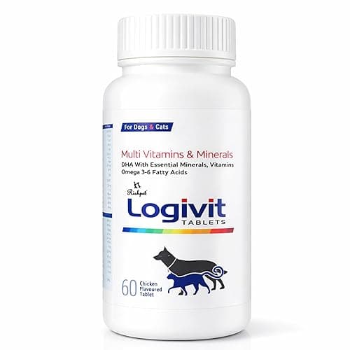 Logivit Dog Multivitamin Tablets (60-Tablets), Daily Health Supplement for Dogs & Cats with Vitamins, Minerals and Omega 3‑6, Chicken Flavour