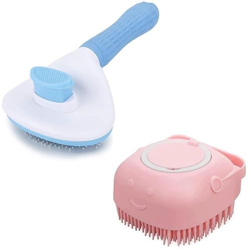 Massaging Brush Grooming Combo for Dogs and Cats Shampoo Brush and Slicke Brush Combo