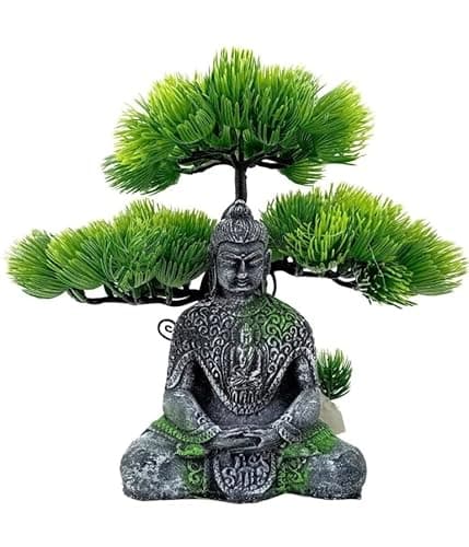 Mistletoe® Ancient Buddha Aquarium Ornament with Artificial Bonsai for Fish Tanks, Ponds, Fountains, and Waterfall Decorations (Resin, Freshwater/Saltwater)