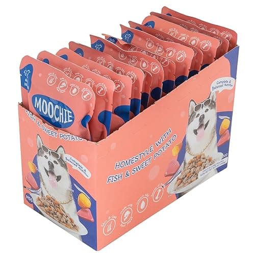 Moochie Wet Dog Food (120g x Pack of 12)| HomeStyle with Fish & Sweet Potato | Wet Dog Food for Adult & Puppy | No Artificial Colours & Preservatives.