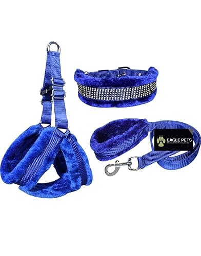 Nylon Fur Dog Harness, Dog Collar & Leash Adjustable Made of Comfartable Mink Fabric, Comfy Look.Best for 11-18kg Dogs. (Blue, Medium)