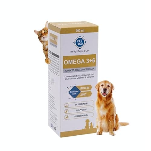 Omega 3+6 Concentrated Salmon Fish Oil for Dogs & Cats with Vitamins & Minerals | Shinier Coat, Itch & Allergy Control | Improves Skin & Hair Health | Nutritional Supplement for Pets - 200 ml