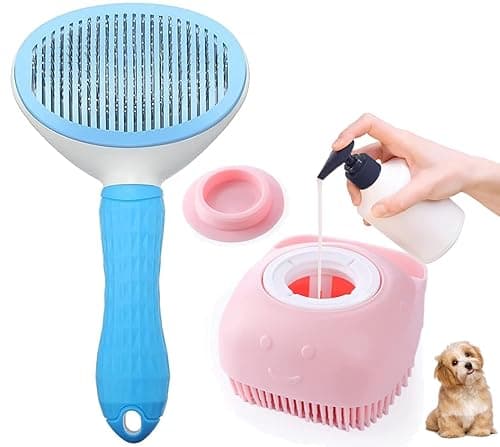 Pack of 2 Dog Comb Brush Cat Grooming Brush, Self Cleaning Pet Dog Slicker Brushes with Smooth handle & Pet Massage Bath Brush Silicone Shampoo Pet Deshedding Tool Dispenser for Long Short Haired