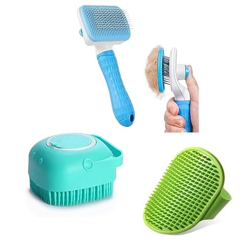 Pet Grooming Kit | 3 in 1 Grooming Set for Dog & Cat | Self‑Cleaning Slicker Brush, Soap & Shampoo Dispenser with Soft Silicon Bristle | Hair Accessories for All Pets (Colour May Vary)