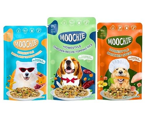 PETS EMPIRE Moochie Homestyle Wet Dog Food (120g X 12) Grain Free Gavy Meal, Variety Pack with Lamb Topping Pasta, Chicken Recipe Topping Rice & Chicken Stew, High Protein Gravy Foods for Adult Dogs