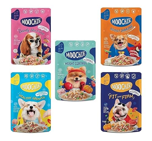 PETS EMPIRE Moochie Wet Dog Food Combo (85g X 5) Grain Free Gavy Meal, No Artificial Flavours, High Protein Dogs Gravy Foods, Non-Vegetarian Pet Meals, All Flavour Mix for Dogs, Puppy