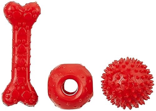 Rubber Chew Dog Toy Combo of 3 Toys, Small Chew Bone, Large Hole Ball & Spike Chew Ball Dog Toy, Color May Vary