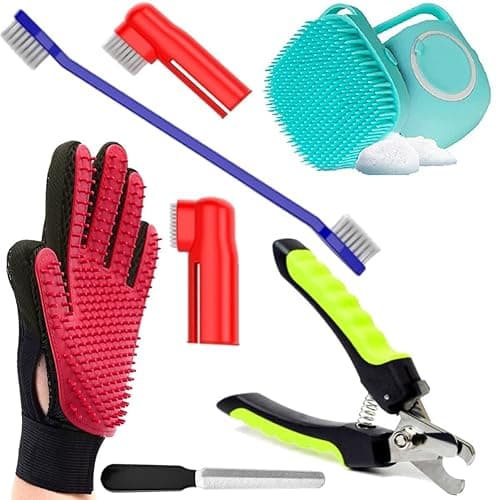 Woofy Dogs Grooming Kit - Pet Shampoo Brush, Nail Cutter, Tooth Brush and Grooming Hand Glove for Puppy, Cat and Kitten (Pack of 4)