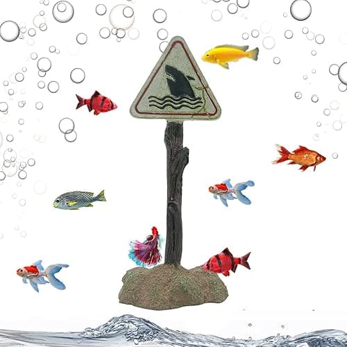 YellowCult™ Realistic Looking Shark Danger Sign with Wooden Log Look, Fun Ornaments/Toy Decoration for Fish Aquarium Tank