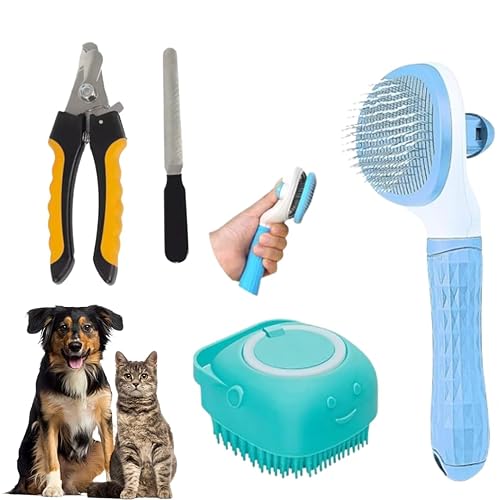 3-in-1 Pet Grooming Kit with Nail Clippers, Shampoo Dispensing Brush, Silicone Massage Brush, Suitable for All Size Dogs and Cats