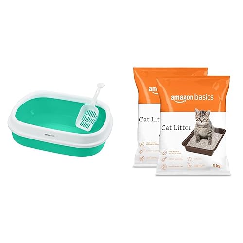 Amazon Basics Cat Litter Box Tray with Free Scooper, Green & Amazon Basics Scoopable White Bentonite Cat Litter | Unscented | 5Kg - Pack of 2