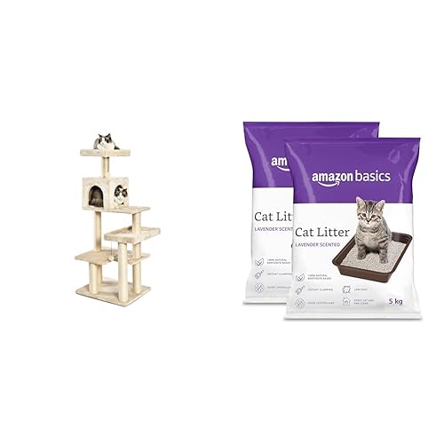 Amazon Basics Extra Large Cat Tree Tower with Condo - 24 x 56 x 19 Inches, Beige & AmazonBasics Scoopable Smart Bentonite Cat Litter, Lavender Fragrance, Scented Cat Litter, 5Kg Pack of 2