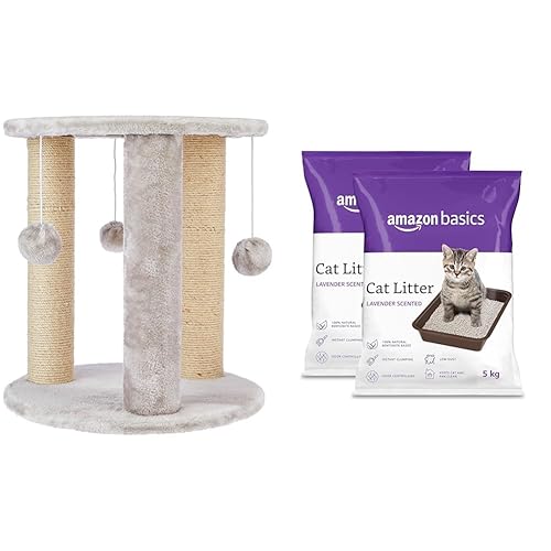 AmazonBasics Round Cozy Cat Tree & AmazonBasics Scoopable Smart Bentonite Cat Litter, Lavender Fragrance, Scented Cat Litter, 5Kg Pack of 2