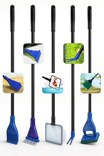 Buraq 5-in-1 Aquarium Cleaning Kit โ Multi-Function Fish Tank Maintenance Tool Set with Algae Scraper, Gravel Rake, Sponge Brush, Plant Fork & Fish Net