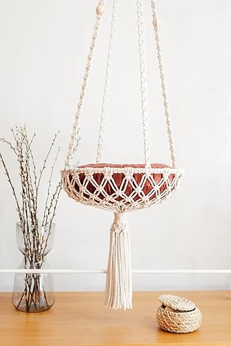 Cat Bed Cat Tree Macrame cat Hammock Cat Wall Furniture Hanging cat Bed Cat Shelf, Cat Swing, Without Any Pillow Color: Off White