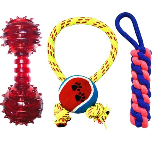 Combo of 3 Durable Teething Chew Toys for Puppy | Cotton Tennis Ball Ring |Cotton Dummy|Rubber Line Dumbell Toys for Dogs & Puppies (Combo of 3 Color May Vary)