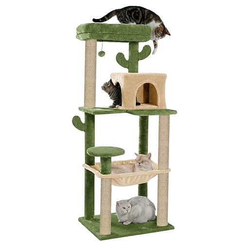 Condo Fur Fabric Activity Kitten Cat Tree | Hammock | Hanging Ball | Scratching Posts | Jute Rope (Height 55 Inch) (Cactus)